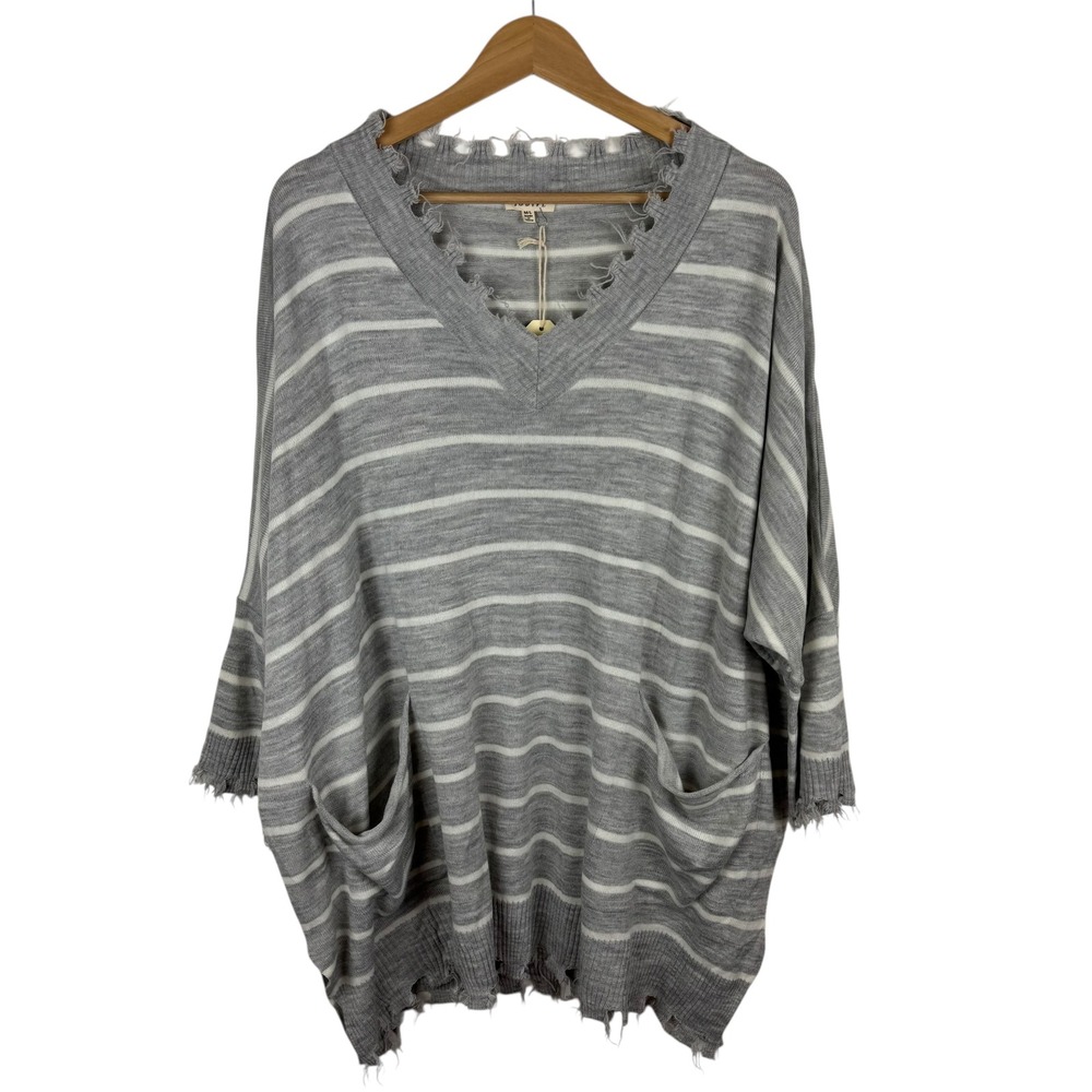 NWT Jodifl Striped V-Neck Pullover Sweater Sz‎ M/L Gray Dolman Sleeve Casual